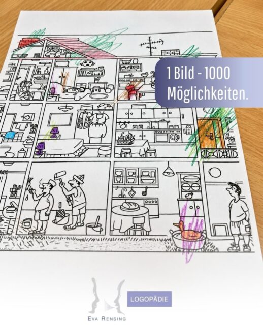 Hier wimmelt es nur so vor Sprachförderung! 🏠🔎

Auf den ersten Blick ein einfaches Ausmalbild, aber dahinter steckt so viel mehr! 💜

Wimmelbilder sind echte Alleskönner in unserer logopädischen Therapie. Spielerisch können wir damit ganz unterschiedliche sprachliche Fähigkeiten fördern:

🗣️ Wortschatz: Gegenstände benennen, Kategorien bilden und Gemeinsamkeiten entdecken.

🔎 Sprachverständnis: Genau hinhören, Suchaufträge verstehen und das Richtige finden.

💬 Grammatik: Ganze Sätze bilden und mit Präpositionen wie „auf“, „unter“ oder „neben“ beschreiben, wo sich etwas befindet.

👂 Aussprache: Laute und bereits erarbeitete Aussprachemuster ganz nebenbei in der Spontansprache festigen.

🎨 Kreativität: Ausmalen, Quatschgeschichten erfinden und der Fantasie freien Lauf lassen.

Und das Schönste daran? Die Kinder haben Spaß, werden kreativ und merken oft gar nicht, wie viel Sprache dabei im Spiel ist. 🥰

Denn Sprachförderung darf bunt, kreativ und voller Entdeckungen sein! 💜