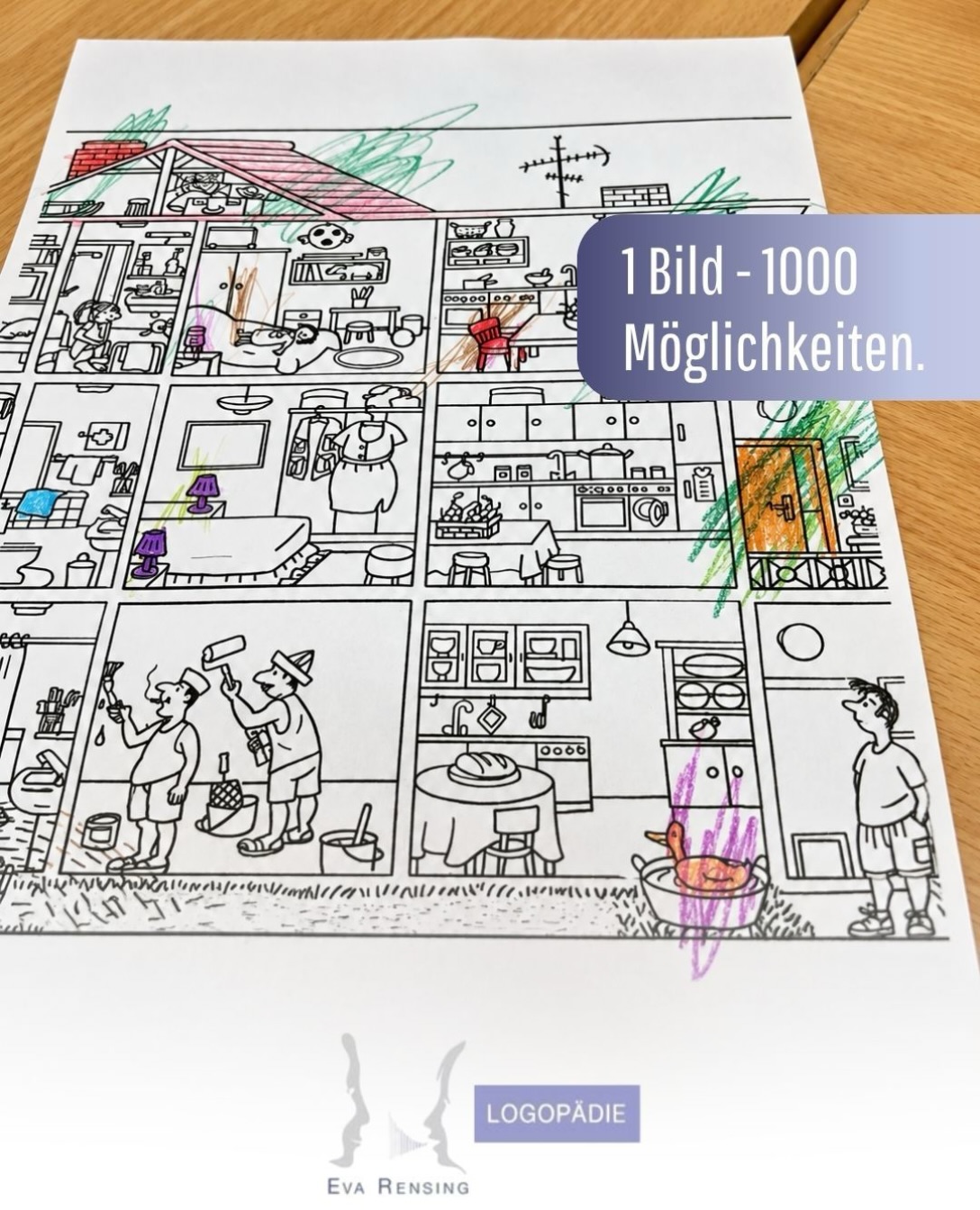 Hier wimmelt es nur so vor Sprachförderung! 🏠🔎

Auf den ersten Blick ein einfaches Ausmalbild, aber dahinter steckt so viel mehr! 💜

Wimmelbilder sind echte Alleskönner in unserer logopädischen Therapie. Spielerisch können wir damit ganz unterschiedliche sprachliche Fähigkeiten fördern:

🗣️ Wortschatz: Gegenstände benennen, Kategorien bilden und Gemeinsamkeiten entdecken.

🔎 Sprachverständnis: Genau hinhören, Suchaufträge verstehen und das Richtige finden.

💬 Grammatik: Ganze Sätze bilden und mit Präpositionen wie „auf“, „unter“ oder „neben“ beschreiben, wo sich etwas befindet.

👂 Aussprache: Laute und bereits erarbeitete Aussprachemuster ganz nebenbei in der Spontansprache festigen.

🎨 Kreativität: Ausmalen, Quatschgeschichten erfinden und der Fantasie freien Lauf lassen.

Und das Schönste daran? Die Kinder haben Spaß, werden kreativ und merken oft gar nicht, wie viel Sprache dabei im Spiel ist. 🥰

Denn Sprachförderung darf bunt, kreativ und voller Entdeckungen sein! 💜